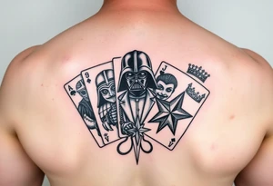 4 cards of a deck, Darth Vader, joker, army star, princess crown tattoo idea