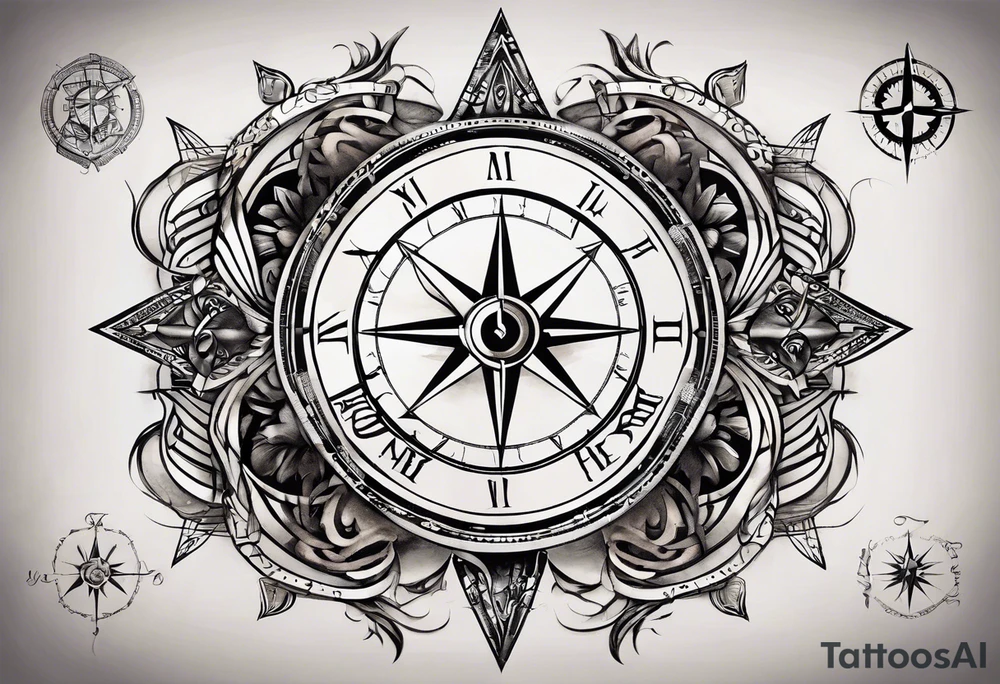 Create a tattoo sketch that visually represents the concept of us having no control of our genetics and free will, and the struggle a mind has with this. Concepts that are fine to include is time, compass rose, dna, breaking chains and consciousness itself. The sketch should have concepts blend and flow into each other. It should be aimed to fit in the left side of a man’s chest, possibly extending a bit up the elbow. It can be a bit circular, but if so things should break out of the circle sometimes. Don’t make the whole thing a compass rose. tattoo idea