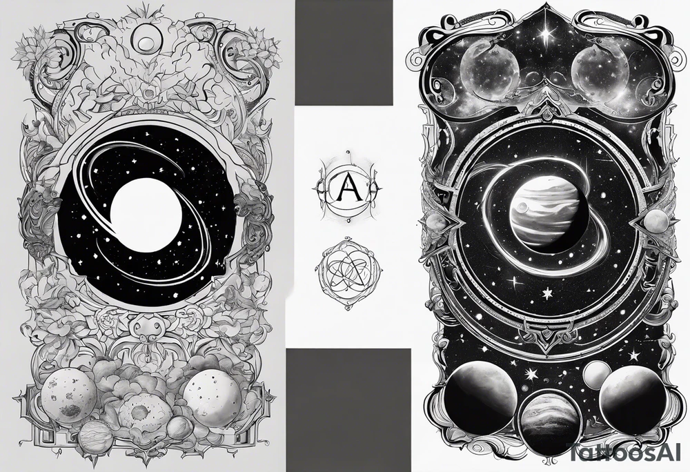 A tattoo featuring a cosmic scene with planets, black holes, and supernovae intertwined with intricate linguistic symbols, reflecting the client's interests in cosmology and linguistics. tattoo idea