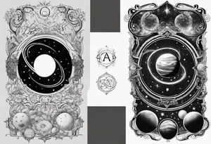 A tattoo featuring a cosmic scene with planets, black holes, and supernovae intertwined with intricate linguistic symbols, reflecting the client's interests in cosmology and linguistics. tattoo idea