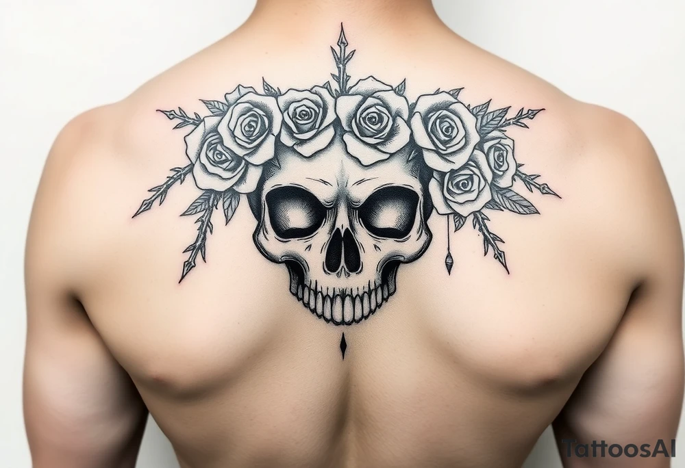 ornate skull adorned with crown of wild roses and thorns tattoo idea