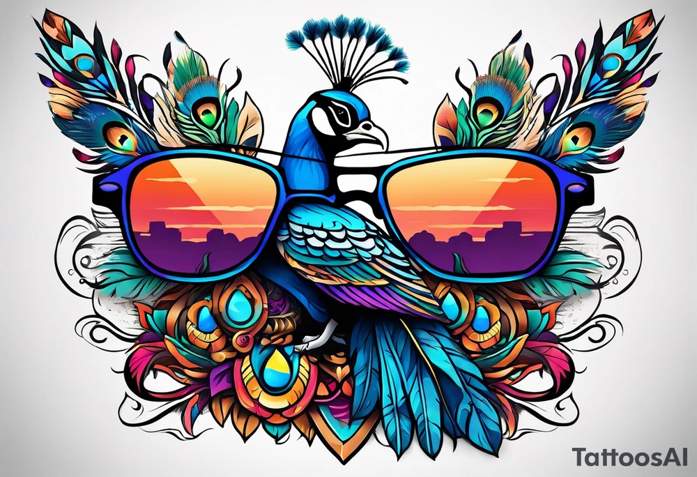 Colorful Mayan hieroglyph wearing sunglasses with water bats and peacock feathers tattoo idea