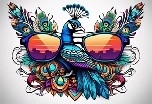 Colorful Mayan hieroglyph wearing sunglasses with water bats and peacock feathers tattoo idea