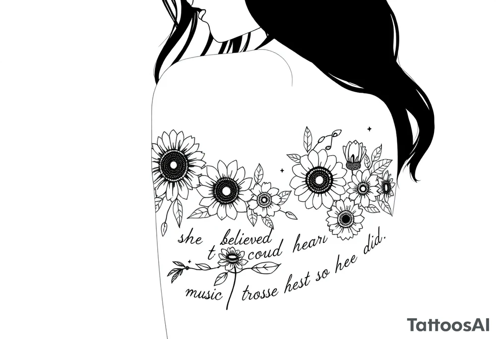 A silhouette of myself with the sun and moon sunflowers music symbols roses and the words she believed she could so she did tattoo idea