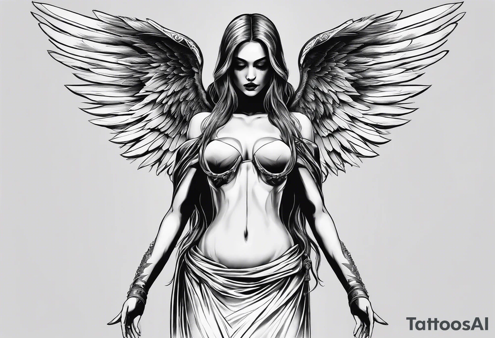 realistic full body of angel of death, without face, man tattoo idea