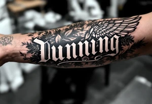 Dunning, left forearm details include angel wing on right side, greek type of font,jungle leaves, name is big and in white color tattoo idea