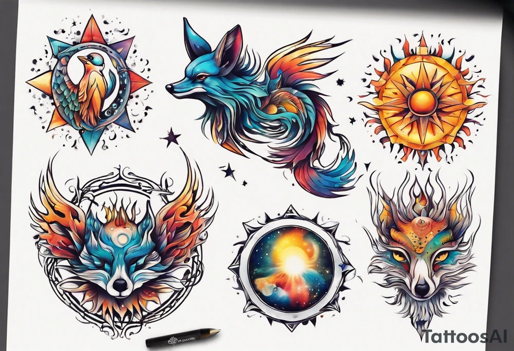 fisch, fuchs und eule , symetrie  sonne, universum, bunt tattoo idea