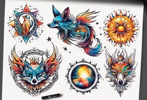 fisch, fuchs und eule , symetrie  sonne, universum, bunt tattoo idea