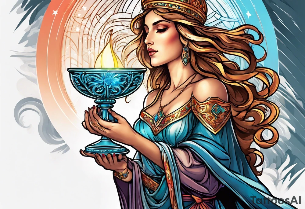 holy saint woman turned away
 holding a chalice tattoo idea