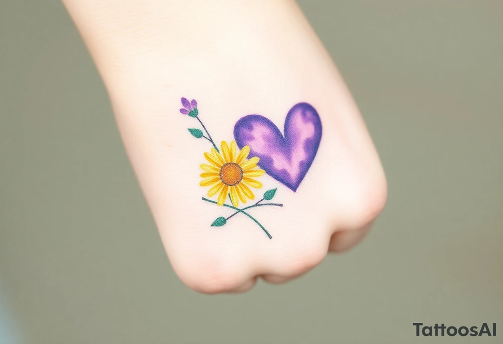 Small Purple Heart & yellow Daisy flower tattoo idea