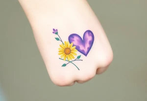 Small Purple Heart & yellow Daisy flower tattoo idea