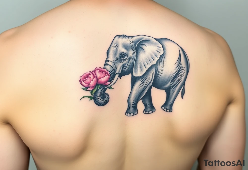 elephant holding a small pink peony in its trunk tattoo idea
