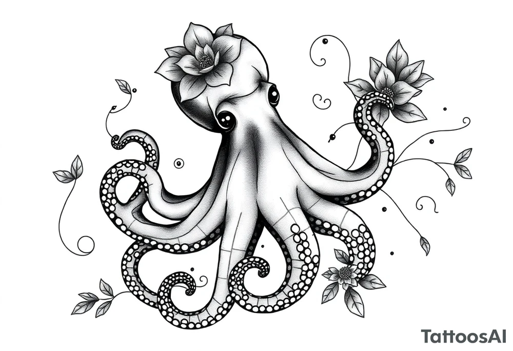 realistic octopus, detailed linework, intricate, black-and-grey shading, surrounded by floral ornaments, intertwining tentacles, thin black swirling lines, semi-transparent brown leaves, dotwork, ornamental flourishes, radiating design, fine-line style, minimalistic, organic flow, feminine, artistic, slightly surreal, seamless composition, marine botanical fusion, lifelike texture, graceful rhythm, smooth shading, soft leaves wrapping, blooming shoulder flower, outward radiating pattern, vine tentacle flow, integrated sea creature, botanical octopus curved body placement, natural organic movement tattoo idea