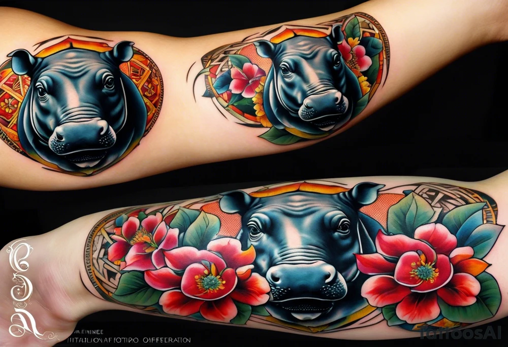 A foot long 2.5inches wide portrait orientation tattoo, containing a detailed hippo head with tribal patterns in the middle, a full moon on the upper side, and some wintersweet flowwer on the bottom side, these three components are connected with arches, lines, little geometric patterns, the lines will ne fine and narrow tattoo idea