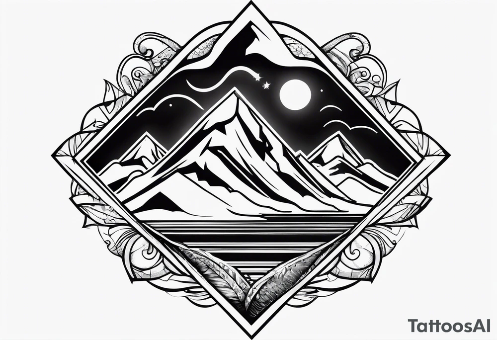 Mountains and ocean waves in a diamond shape tattoo idea