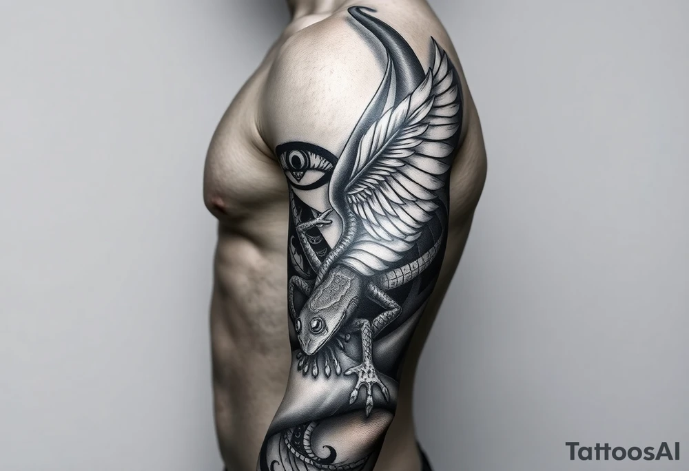 Full Sleeve tattoo including details of jungle leaves, Taino frog , Puerto Rican tribal patterns, angel wing tattoo idea