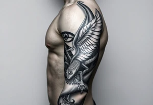 Full Sleeve tattoo including details of jungle leaves, Taino frog , Puerto Rican tribal patterns, angel wing tattoo idea