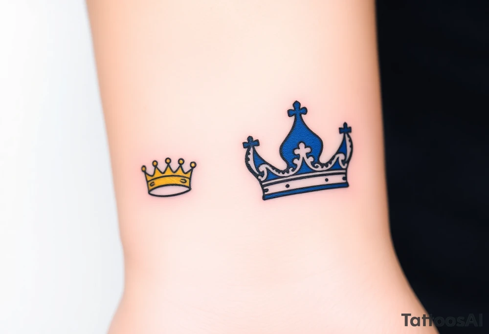 A tiny crown for the child and a regal crown for the parent, in soft gold and deep royal blue, symbolizing unconditional love and royalty tattoo idea