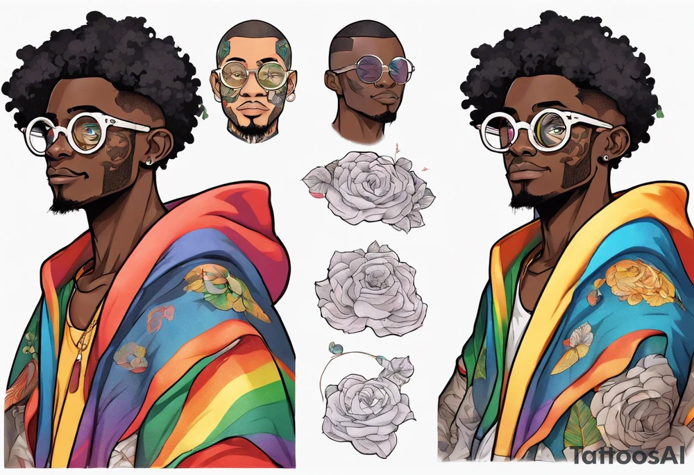 a handsome black man wearing round glasses and a rainbow cloak tattoo idea