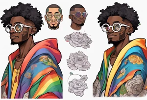 a handsome black man wearing round glasses and a rainbow cloak tattoo idea
