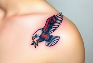 A bold American eagle clutching a tattered US flag in its talons, with vibrant red, white, and blue details tattoo idea