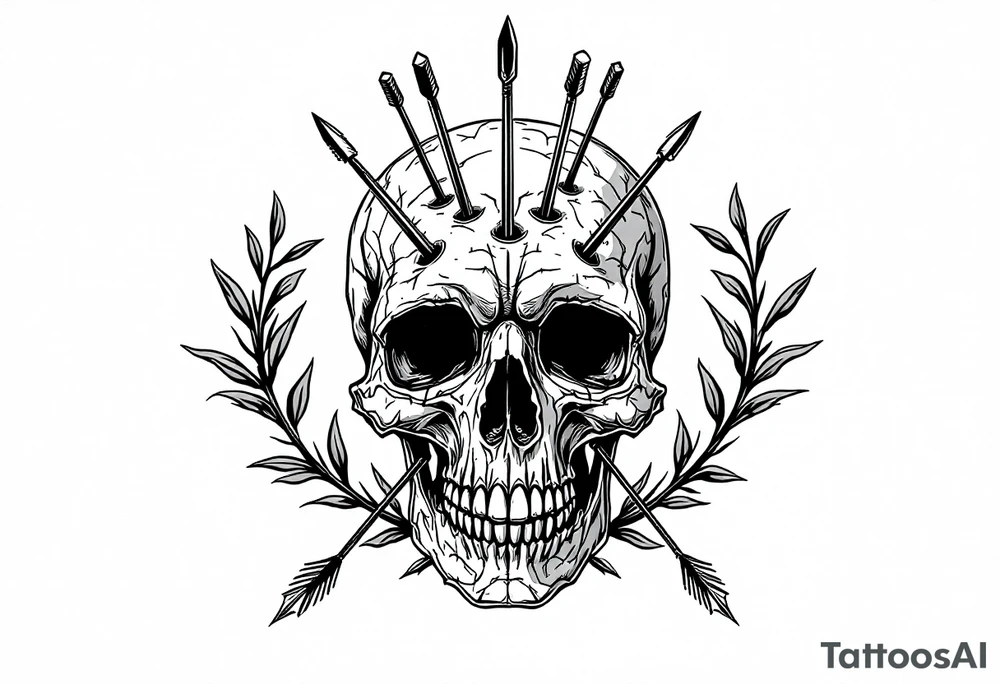 a skull whose head would be pierced by needles under the head come down an  arrow and surrounded around by a olive tree leaf tattoo idea