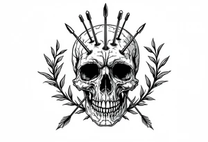 a skull whose head would be pierced by needles under the head come down an  arrow and surrounded around by a olive tree leaf tattoo idea