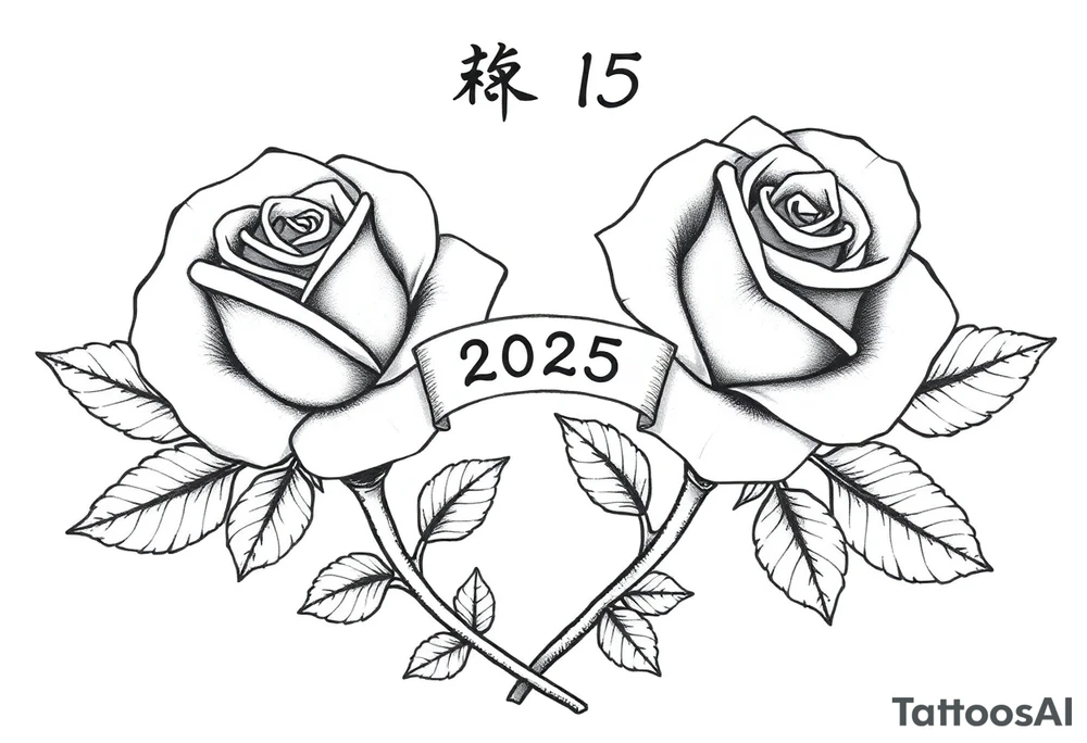 two beautiful rose buds, side by side, with many leaves and their stems intertwined, representing two people in love. Include a banner connecting the two roses with "2025" on it.  The word "Rose" written in Kanji above the drawing.  Use dark outlines with little shading. The two stems should intertwine and join into one stem, whimsically curved or twisted - not straight down. tattoo idea