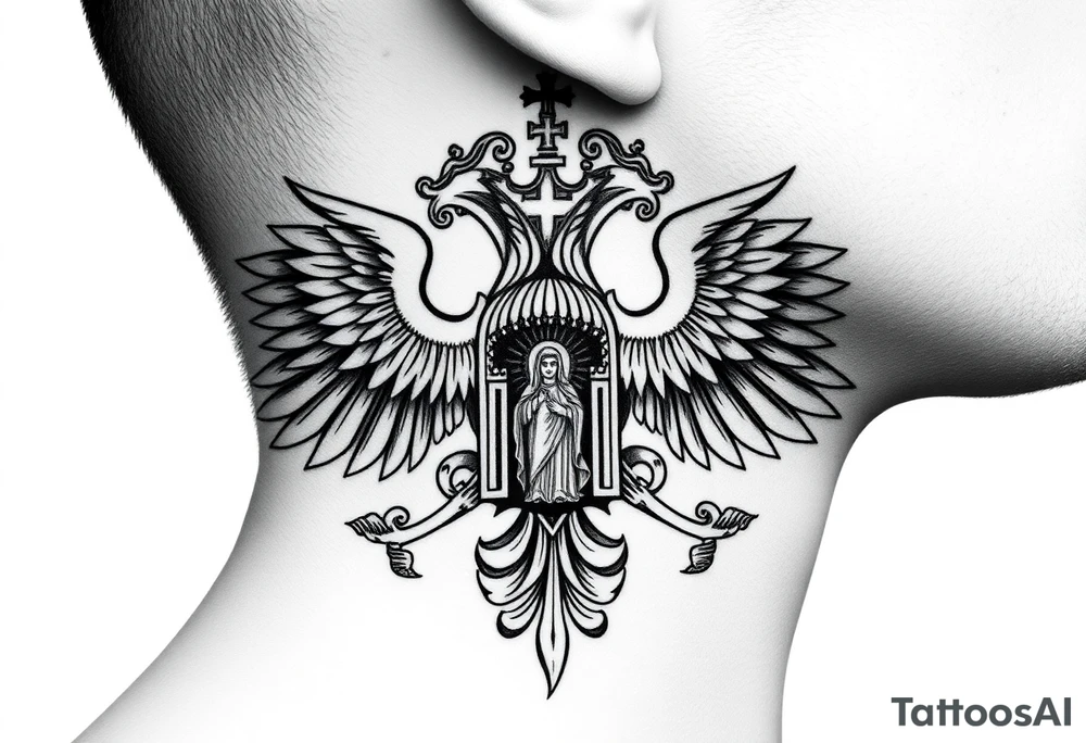 russian coat of arms double headed eagle traditional christian orthodox cross with a virgin mary stood in the entrance of a russian orthodox dome church on the side of the neck in a wilderness setting tattoo idea