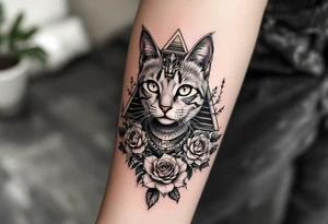 Egyptian cat with pyramids and roses tattoo idea