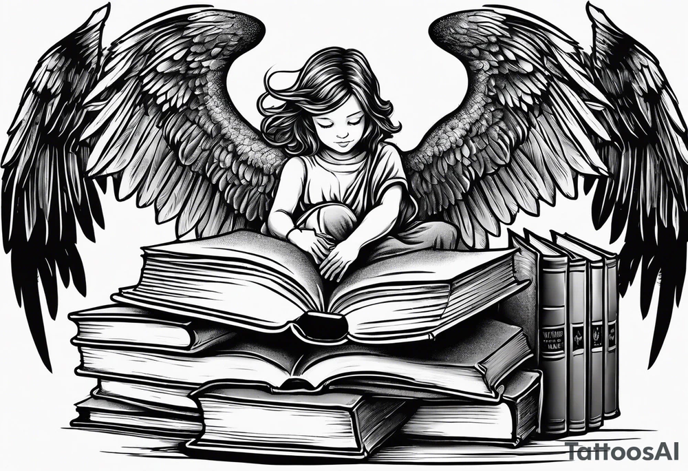 Angel kneeling next to open stack of books with bird silhouettes flying out of the book. tattoo idea