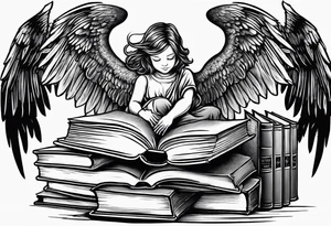 Angel kneeling next to open stack of books with bird silhouettes flying out of the book. tattoo idea