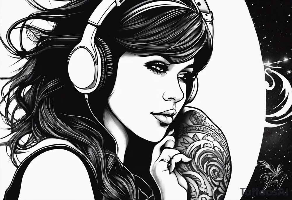a girl listening to music with over the ear headphones along a dark road at night showing her shadow tattoo idea