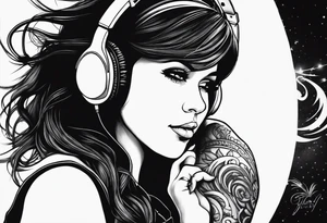 a girl listening to music with over the ear headphones along a dark road at night showing her shadow tattoo idea