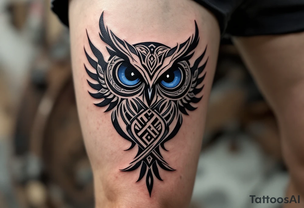 Celtic Owl with Midnight Accents
Wise owl shaped from spirals and knots. Dark gray feathers, midnight blue eyes, and subtle silver edges on the wings. tattoo idea