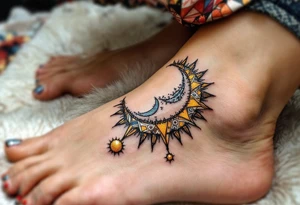A golden sun and silver moon on each of partner ankle represent balance and eternal connection. tattoo idea