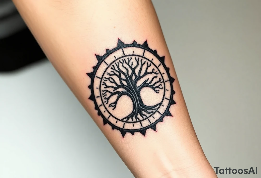Tree encircled in a spiral sun or circle tattoo idea