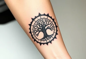 Tree encircled in a spiral sun or circle tattoo idea