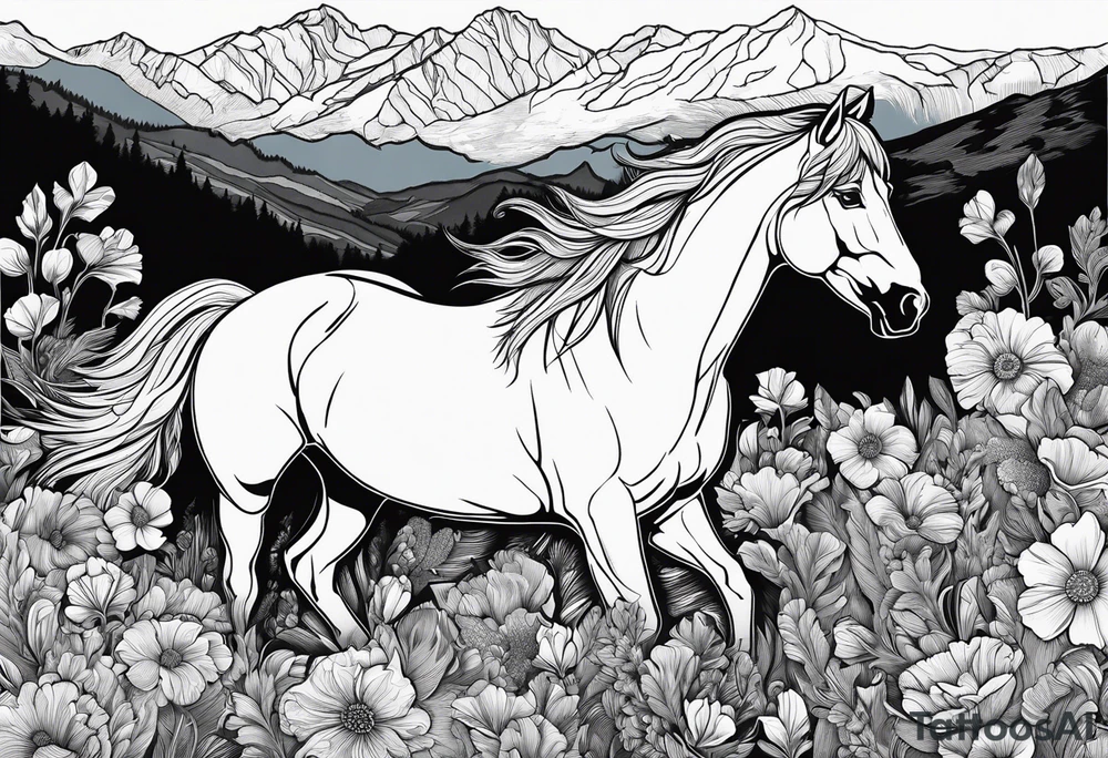 Wild horse, mountain background, feather, flowers, western tattoo idea