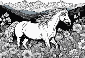Wild horse, mountain background, feather, flowers, western tattoo idea