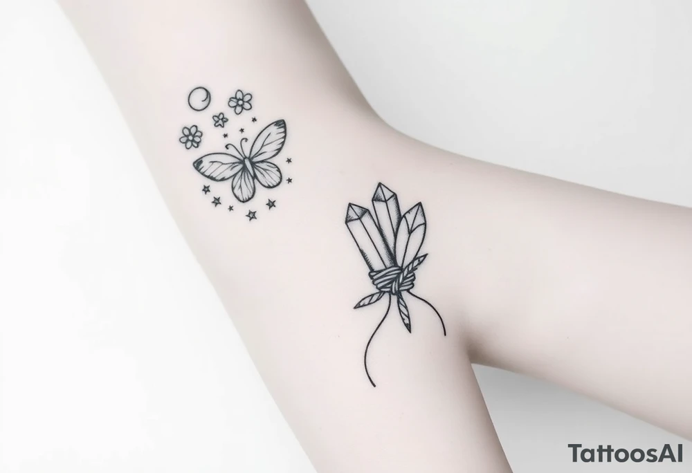 Placement: Forearm half sleeve, with forget-me-not wrapped around, with 3 small butterflies placed around it on the outer forearm. The word ‘siempre’ along the inside of the wrist around the radial pulse area. On the palm side of the wrist, there is 444 and a fine line moon and star. On the inner forearm, there are two crystals tied together with rope, with some stars dotted around it and two fine line leaf stems, and a moon above it. All tattoos in black ink. tattoo idea