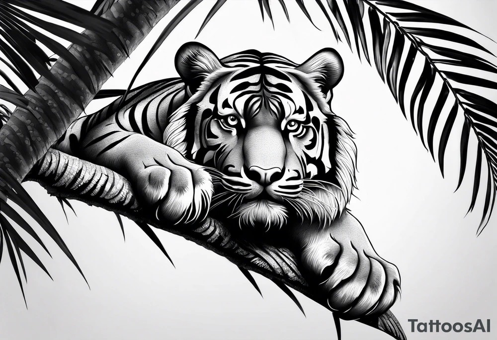 tiger laying on palm tree tattoo idea
