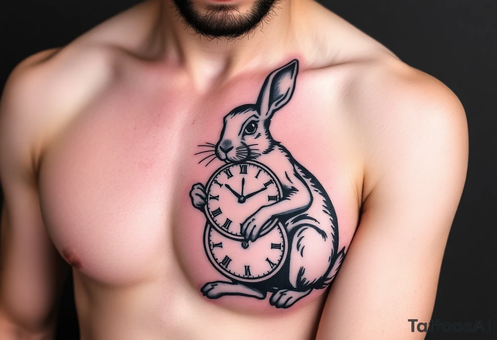 Tribal Rabbit holding a Clock tattoo idea