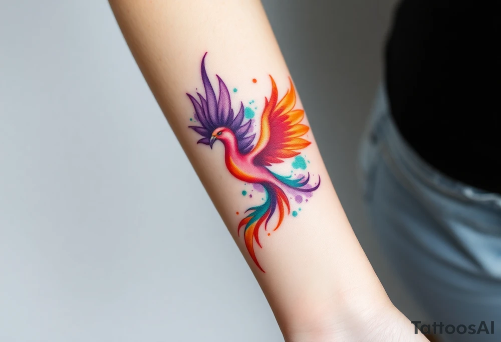 Phoenix with blazing flames with purple, orange, teal and green splashes tattoo idea