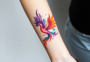 Phoenix with blazing flames with purple, orange, teal and green splashes tattoo idea