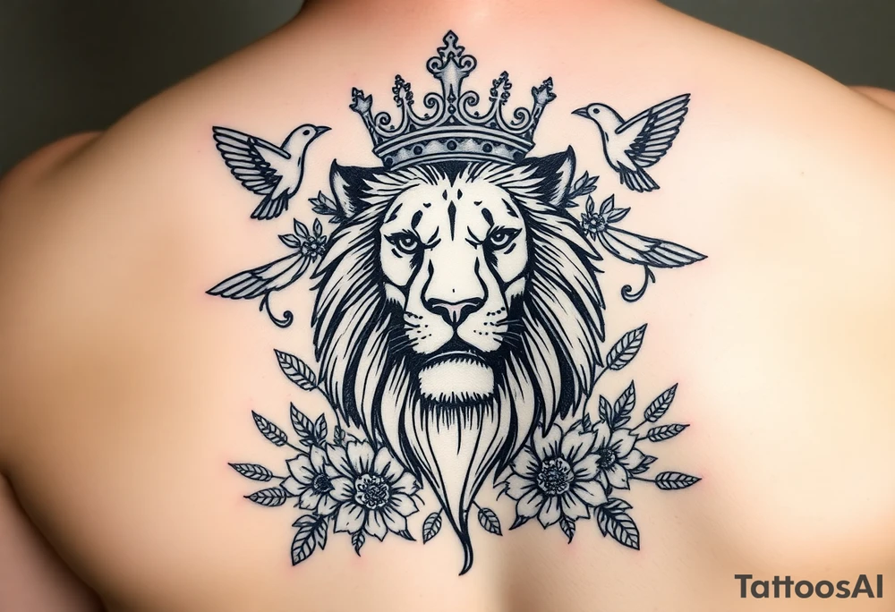 powerful majestic lion with a crown, surrounded by floral ornaments and birds tattoo idea