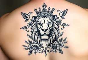 powerful majestic lion with a crown, surrounded by floral ornaments and birds tattoo idea