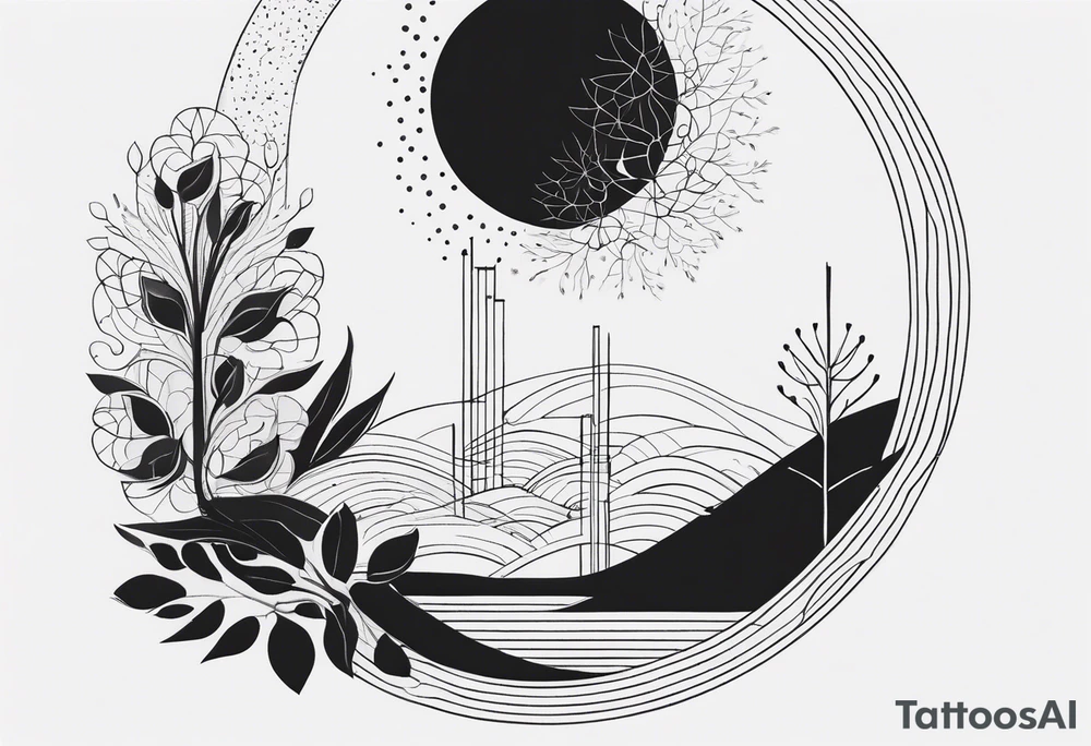 A minimalist tattoo design featuring a vertical composition. At the center is a large, abstract flower with intricate dotted shading and clean lines. A delicate tree with bare branches grows from the top of the flower, while flowing leaves emerge from the bottom. Surrounding the flower are abstract elements like small geometric shapes, a few birds, and a crescent moon, all positioned in a visually balanced way. There’s a circular solar element near the flower, with rays extending outward. The entire design is made up of fine lines, dot work, and subtle shading, creating a harmonious mix of nature and geometric abstraction. Make the tattoo vertically aligned, skinnier width and longer width tattoo idea