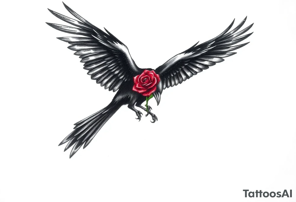 A black crow soaring symmetrically gracefully with its wings fully extended, each feather intricately detailed to capture a sense of movement and depth. In its talons, it gently carries a vibrant red rose, its petals vivid and delicate. The composition blends realism with deep symbolism, representing strength, transformation, and the enduring connection between life, resilience, and the unseen forces that guide and protect. The concept is on a crisp white background. tattoo idea