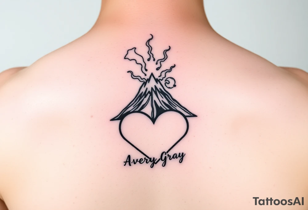 Female Geometric Volcano tattoo erupting in a heart with text Avery Gray tattoo idea